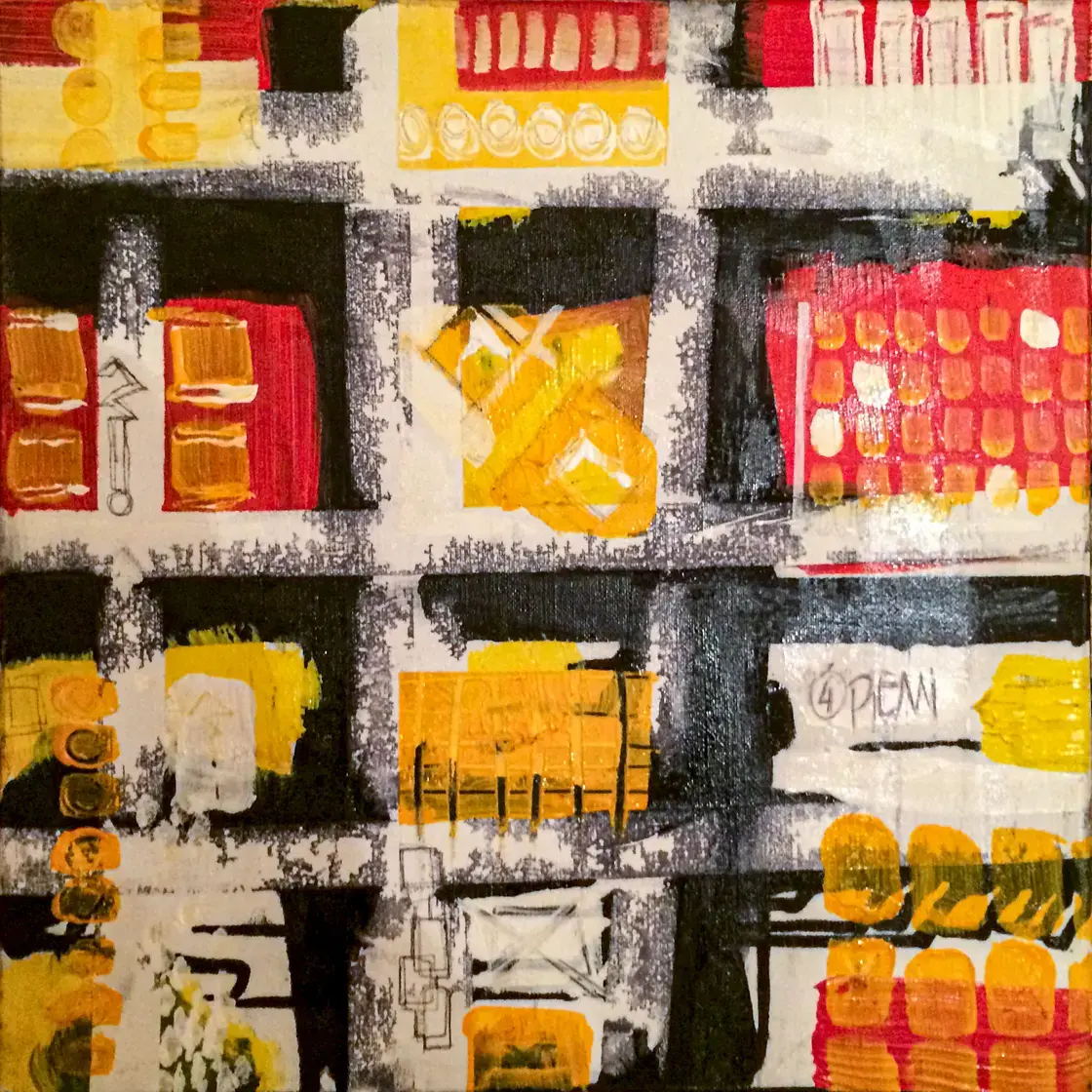 PRB, petit tableau abstrait d’inspiration architecturale de Rodolphe Héraud, 40 × 40 cm