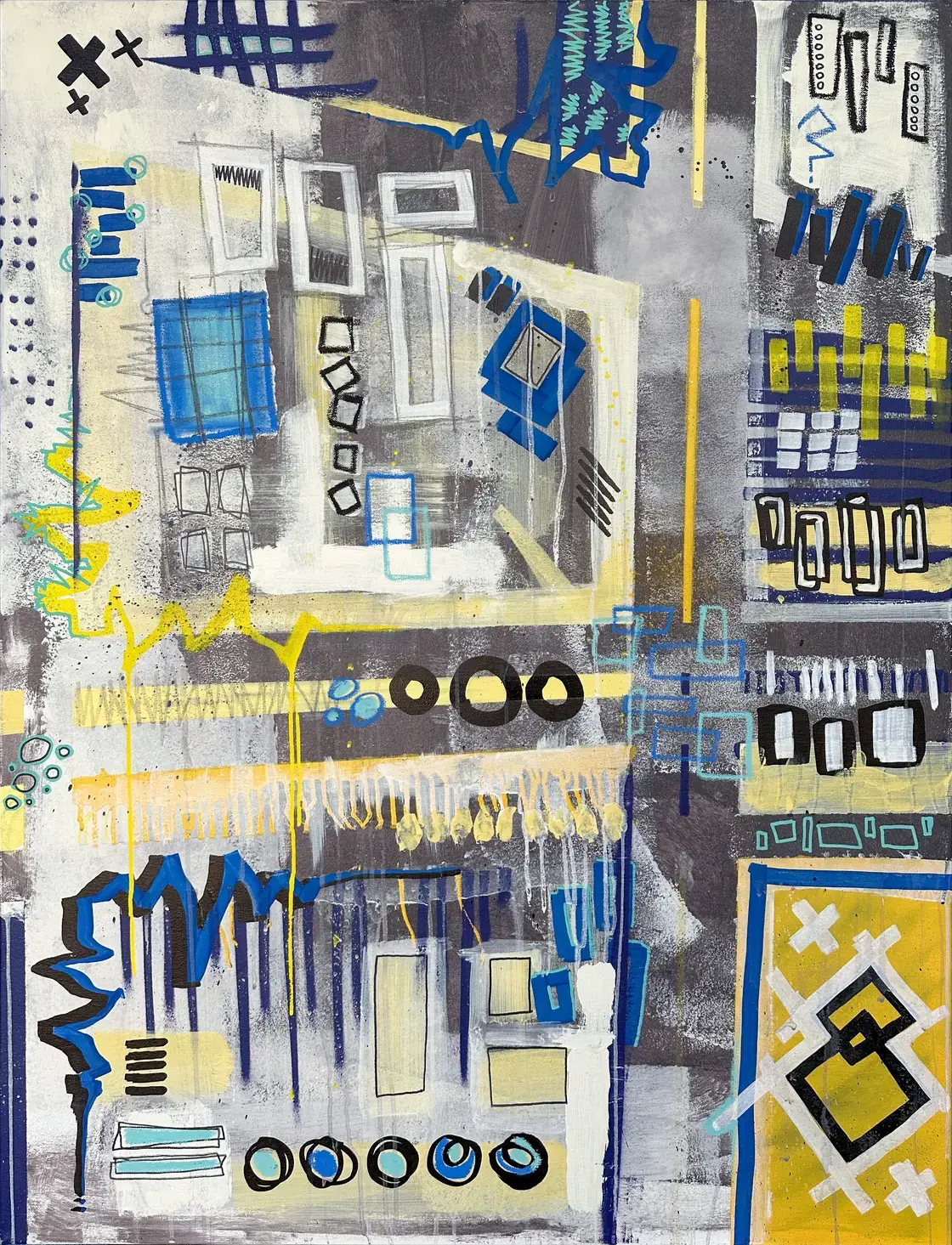 STNS06, peinture abstraite urbaine d’architecture stylisée de Rodolphe Héraud, 89 × 116 cm