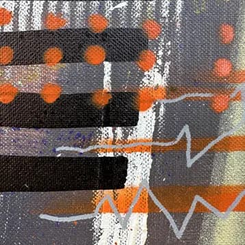 Détails de la peinture abstraite STNS07 de Rodolphe Héraud, coulures, losanges et motifs géométriques urbains – détail 2 (STNS07)